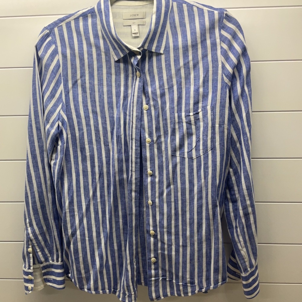 J.Crew Boys Blue White Striped Linen Blend Button Down Shirt Size 10 Long Sleeve